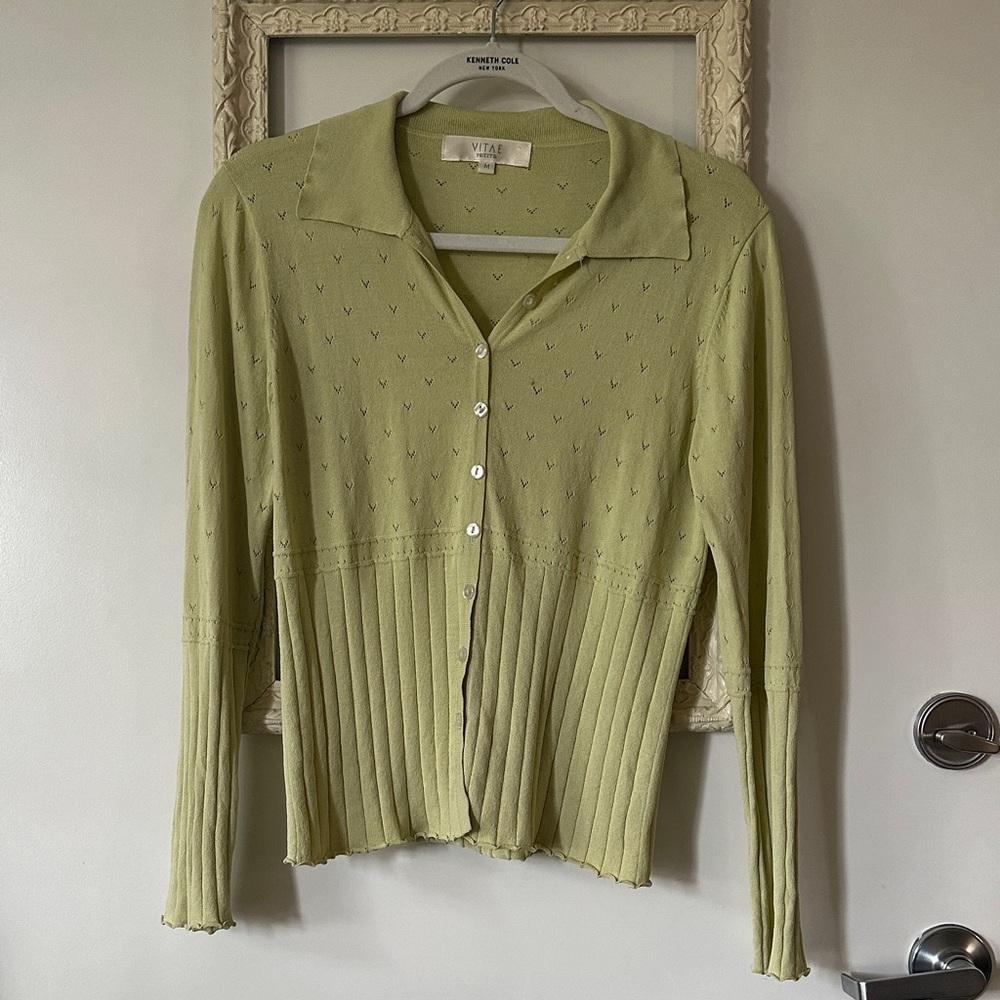 VITAE | Y2K Light Green Rib Knit Eyelet Button-Down Ruffled Cardigan - Picture 2 of 13